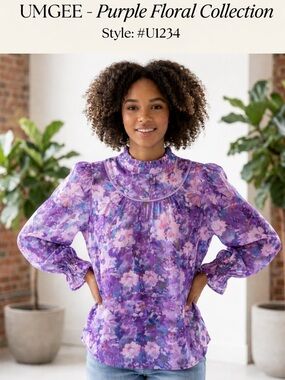 Umgee Purple Floral Ruffle-Neck Blouse with Puff Sleeves